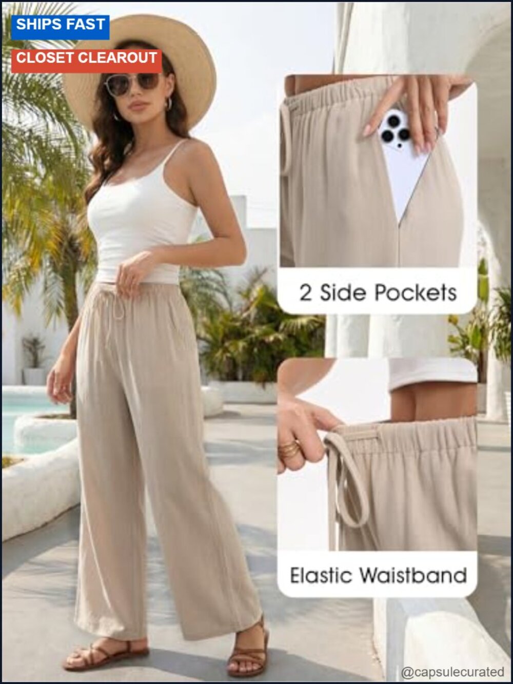Linen Pants for Women Wide Leg Palazzo Cotton Flowy Trousers with Pockets Summer - Picture 3 of 6